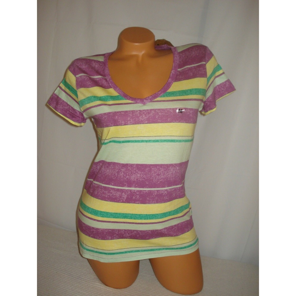 Route 66 Women's T Shirt Purple Yellow Stripe Short Sleeve XS V Neck New